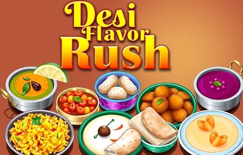 Desi Flavor Rush Game Cover Desi Flavor Rush game cover featuring various Indian dishes like biryani, dosa and sweets