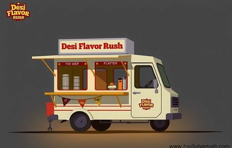 Desi Flavor Rush Street Food Cart Expansion Concept art for Desi Flavor Rush upcoming Street Food Cart expansion showing a mobile food stall serving Indian street food