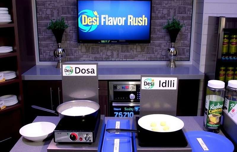 Desi Flavor Rush Regional Kitchen Desi Flavor Rush regional kitchen showing South Indian cooking station with dosa and idli preparation