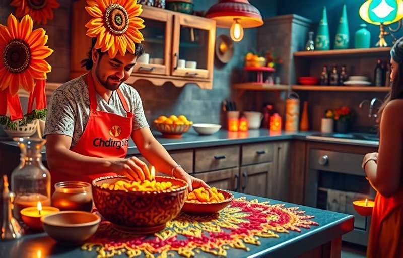 Desi Flavor Rush Diwali Special Event Desi Flavor Rush Diwali special event showing a kitchen decorated with diyas and rangoli, preparing various Indian sweets